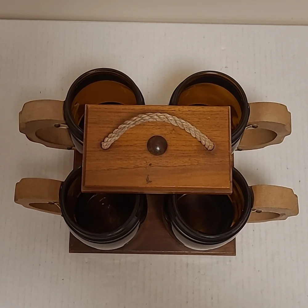 Vintage Wood Caddy Carrier with 4 Mid-Century Beer Mugs